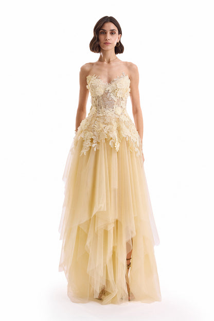 3D Floral Tulle Corset Set with Long Skirt - Yellow