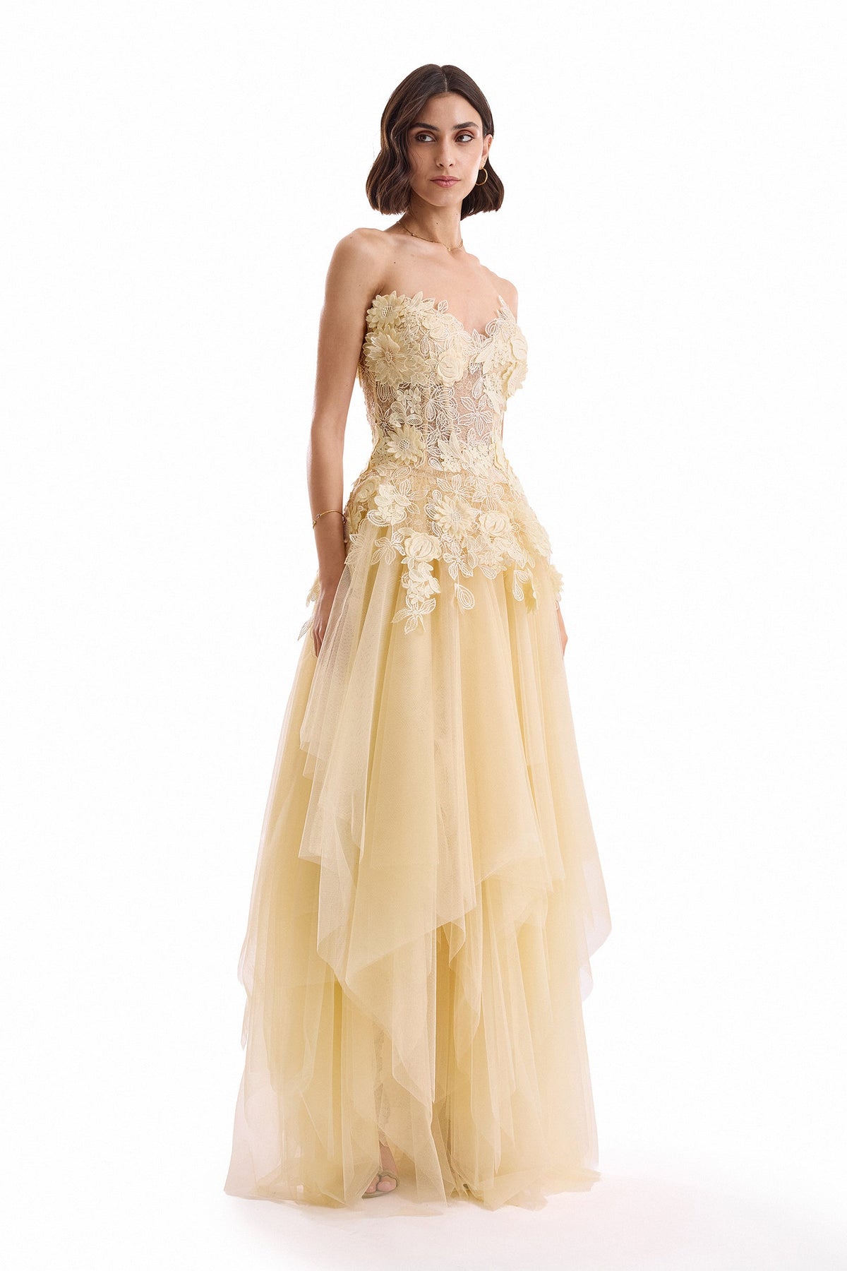 3D Floral Tulle Corset Set with Long Skirt - Yellow