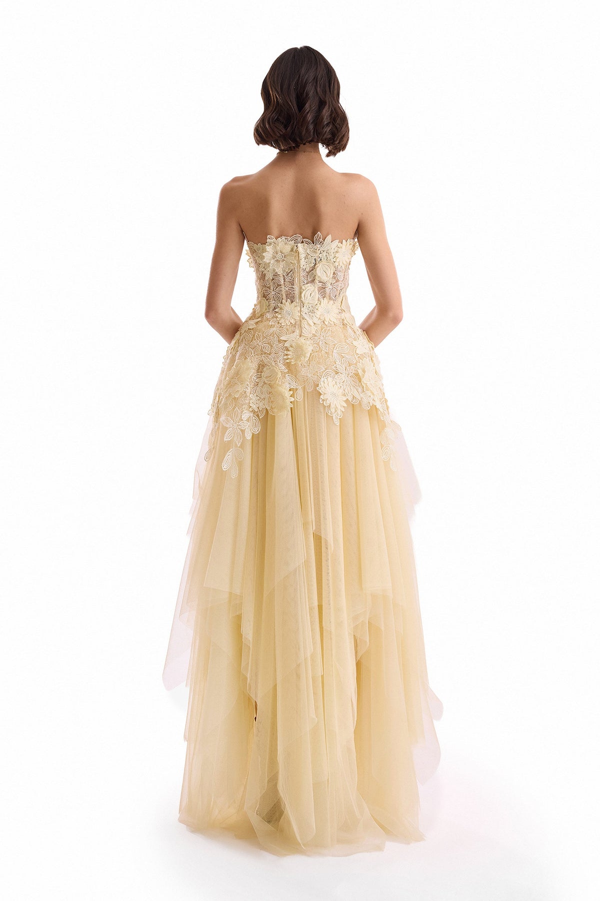 3D Floral Tulle Corset Set with Long Skirt - Yellow