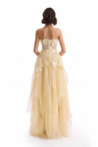 3D Floral Tulle Corset Set with Long Skirt - Yellow