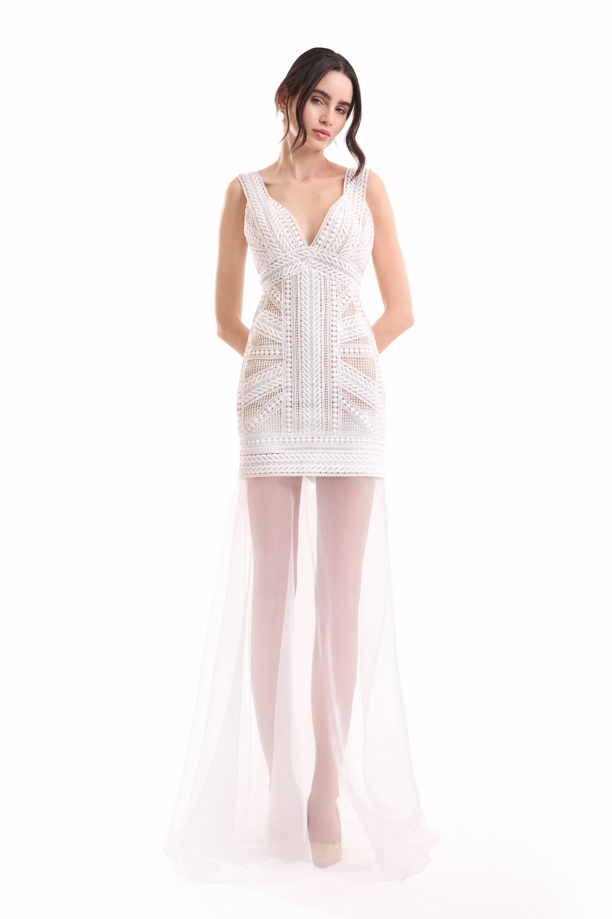 Geometric Fitted Dress with Overskirt - Ivory/White