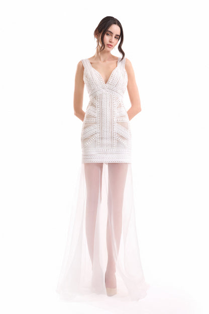 Geometric Fitted Dress with Overskirt - Ivory/White