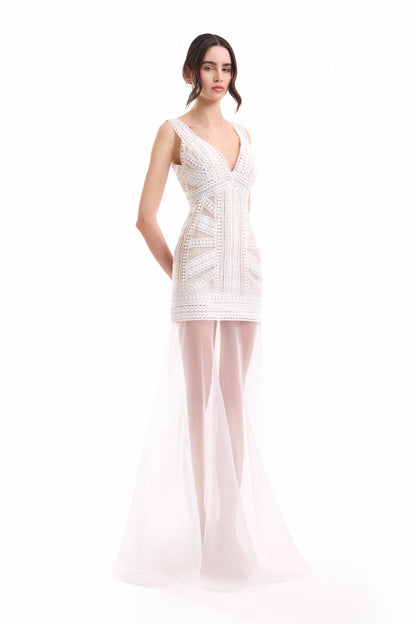 Geometric Fitted Dress with Overskirt - Ivory/White