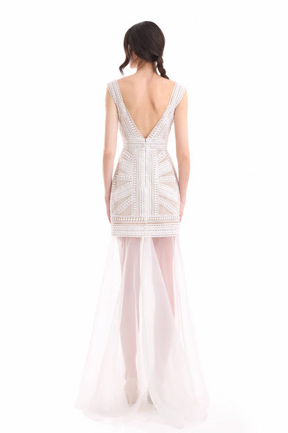 Geometric Fitted Dress with Overskirt - Ivory/White