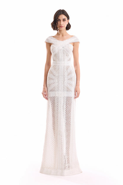 Geometric Sheer Gown - Ivory/White