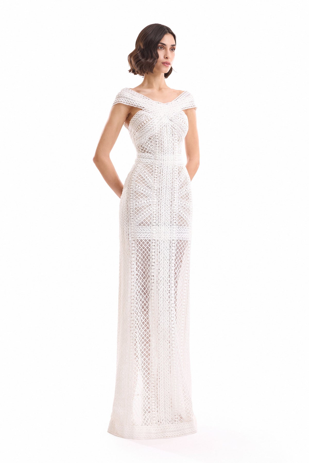 Geometric Sheer Gown - Ivory/White