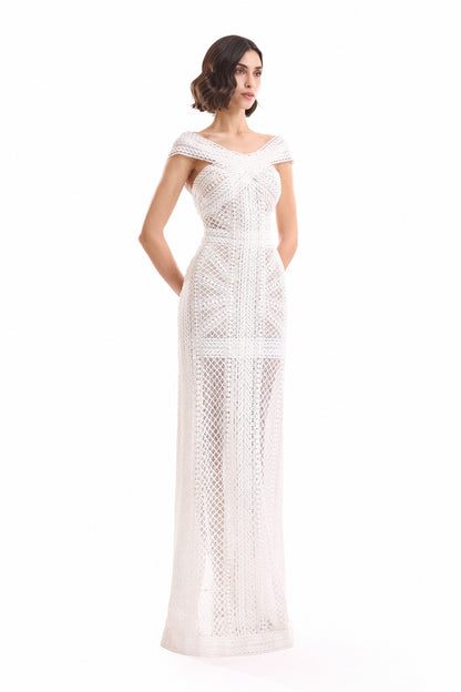 Geometric Sheer Gown - Ivory/White