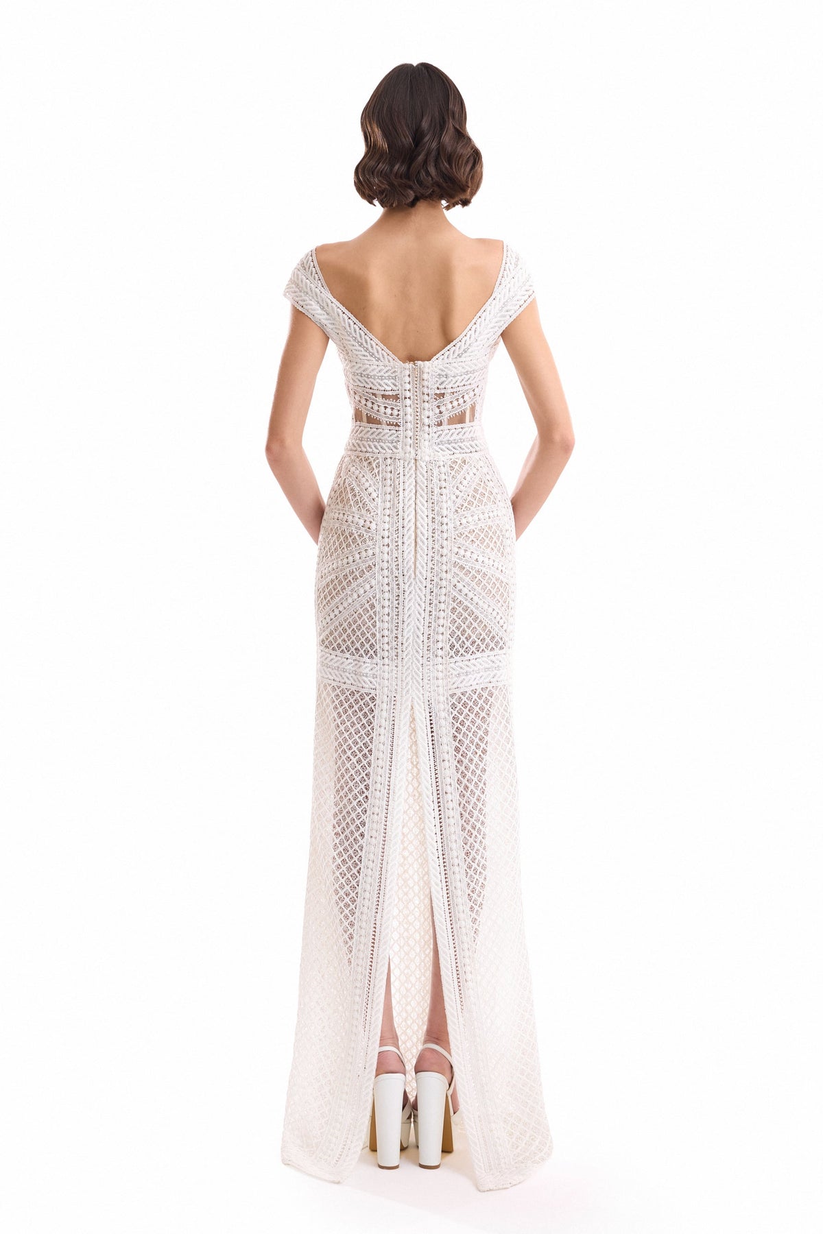 Geometric Sheer Gown - Ivory/White