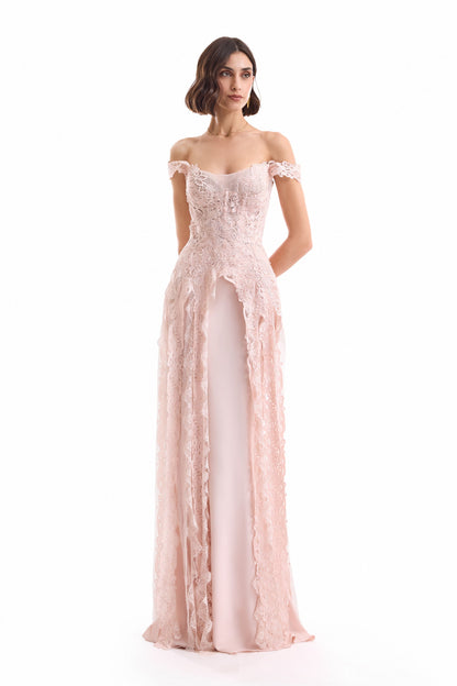 Floral Guipure Corset Set - Pink
