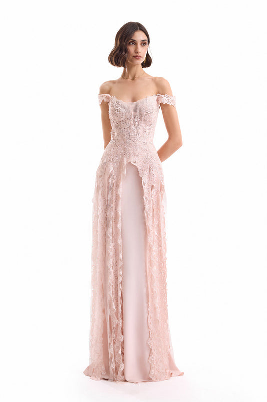 Floral Guipure Corset Set - Pink