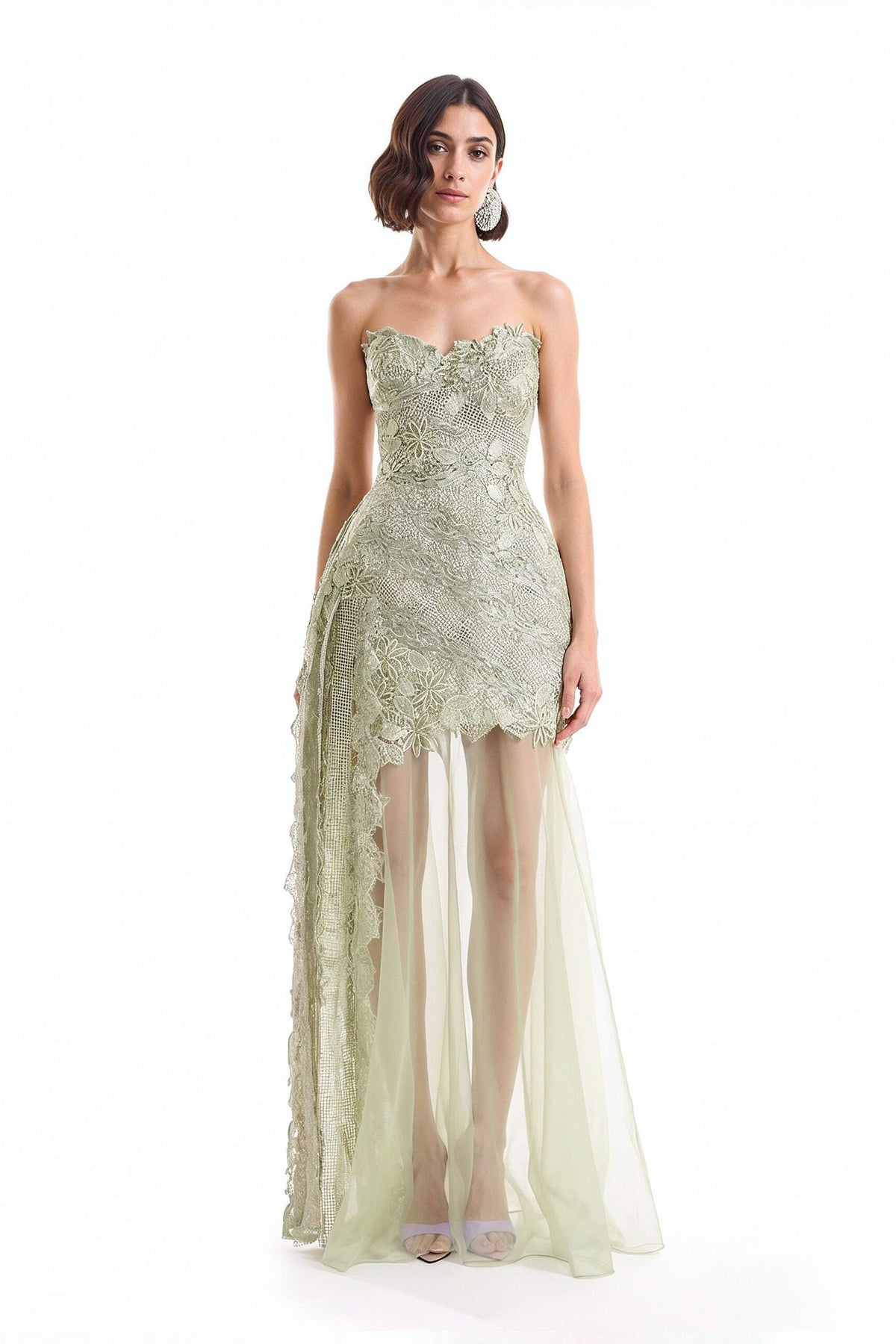 Guipure Cage Dress with Overskirt - Green