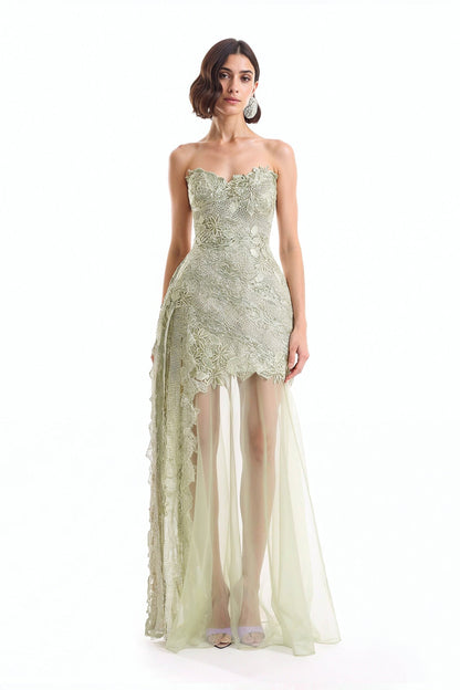 Guipure Cage Dress with Overskirt - Green