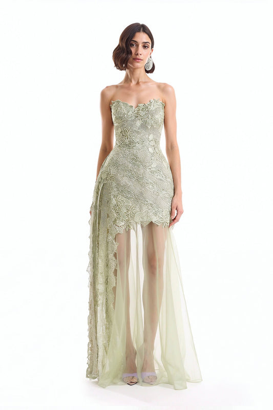 Guipure Cage Dress with Overskirt - Green