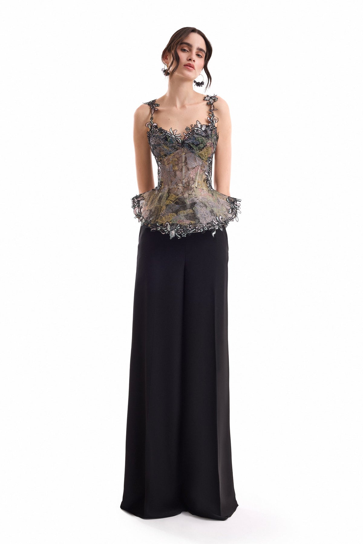 Embroidered Peplum Corset Set - Black