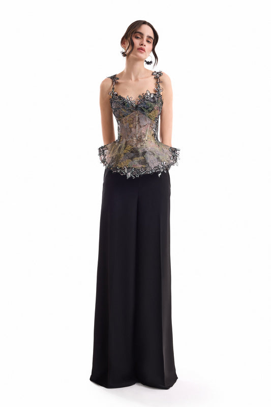 Embroidered Peplum Corset Set - Black