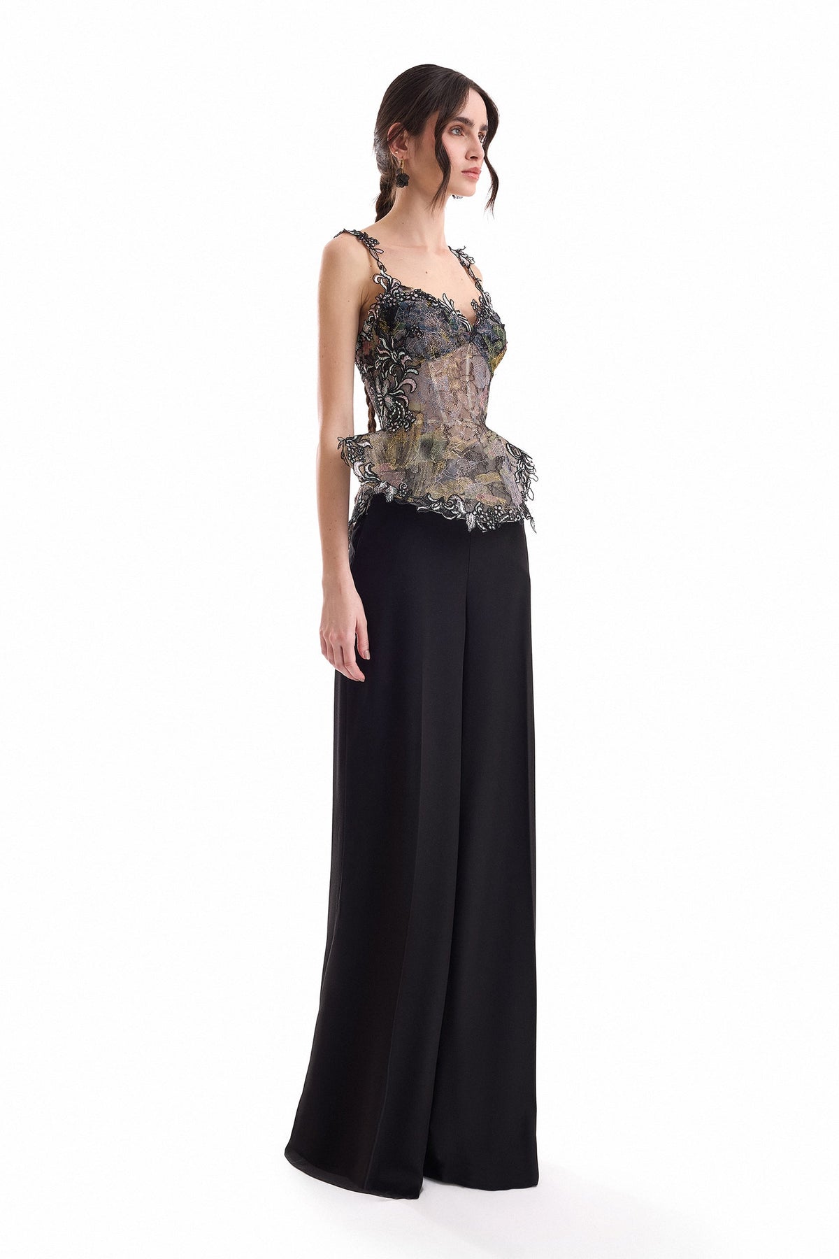 Embroidered Peplum Corset Set - Black