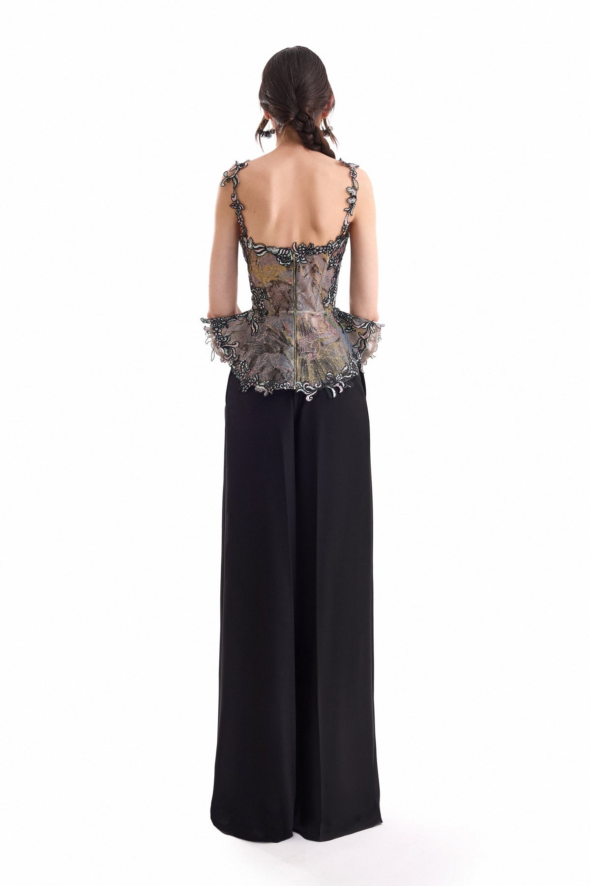 Embroidered Peplum Corset Set - Black