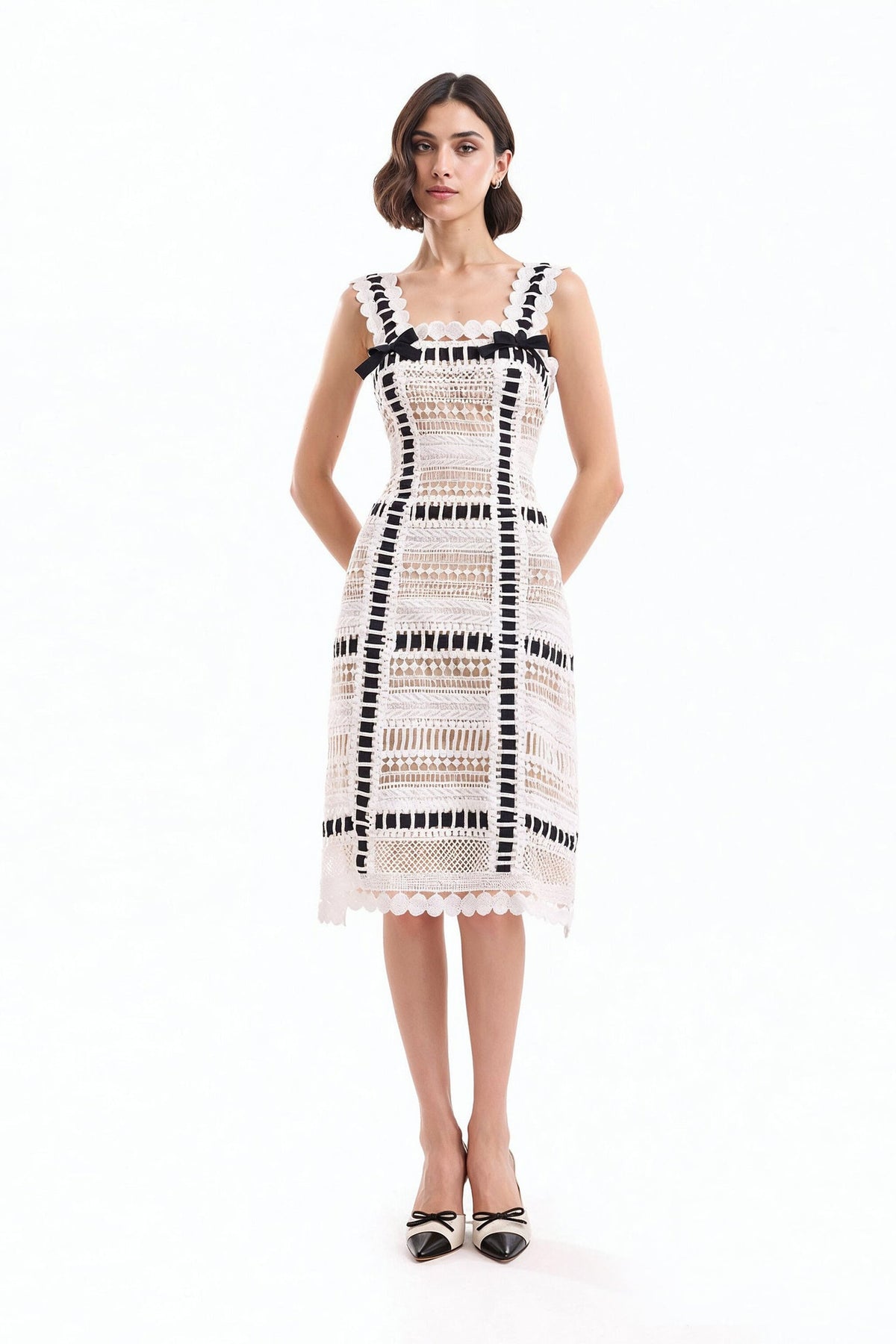 Ribbon Detail Midi Dress - Ivory/White