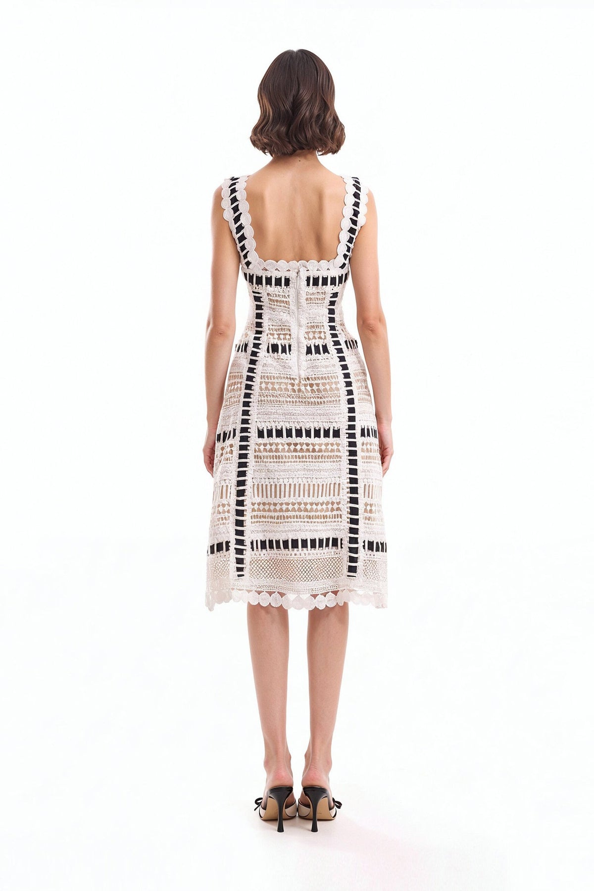 Ribbon Detail Midi Dress - Ivory/White