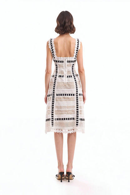 Ribbon Detail Midi Dress - Ivory/White
