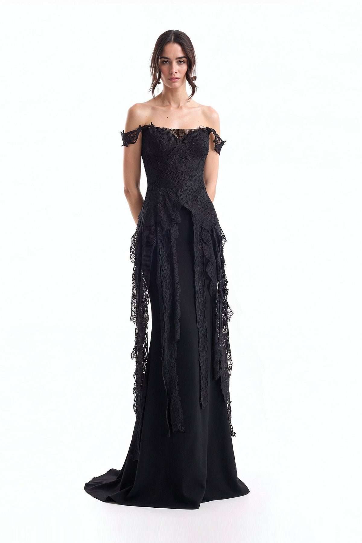 Off-Shoulder Embroidered Corset and Long Skirt Set - Black