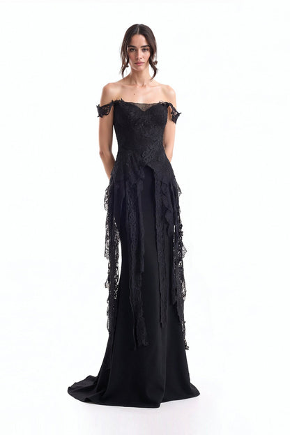 Off-Shoulder Embroidered Corset and Long Skirt Set - Black