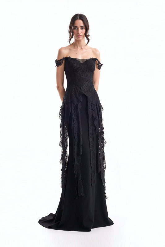 Off-Shoulder Embroidered Corset and Long Skirt Set - Black