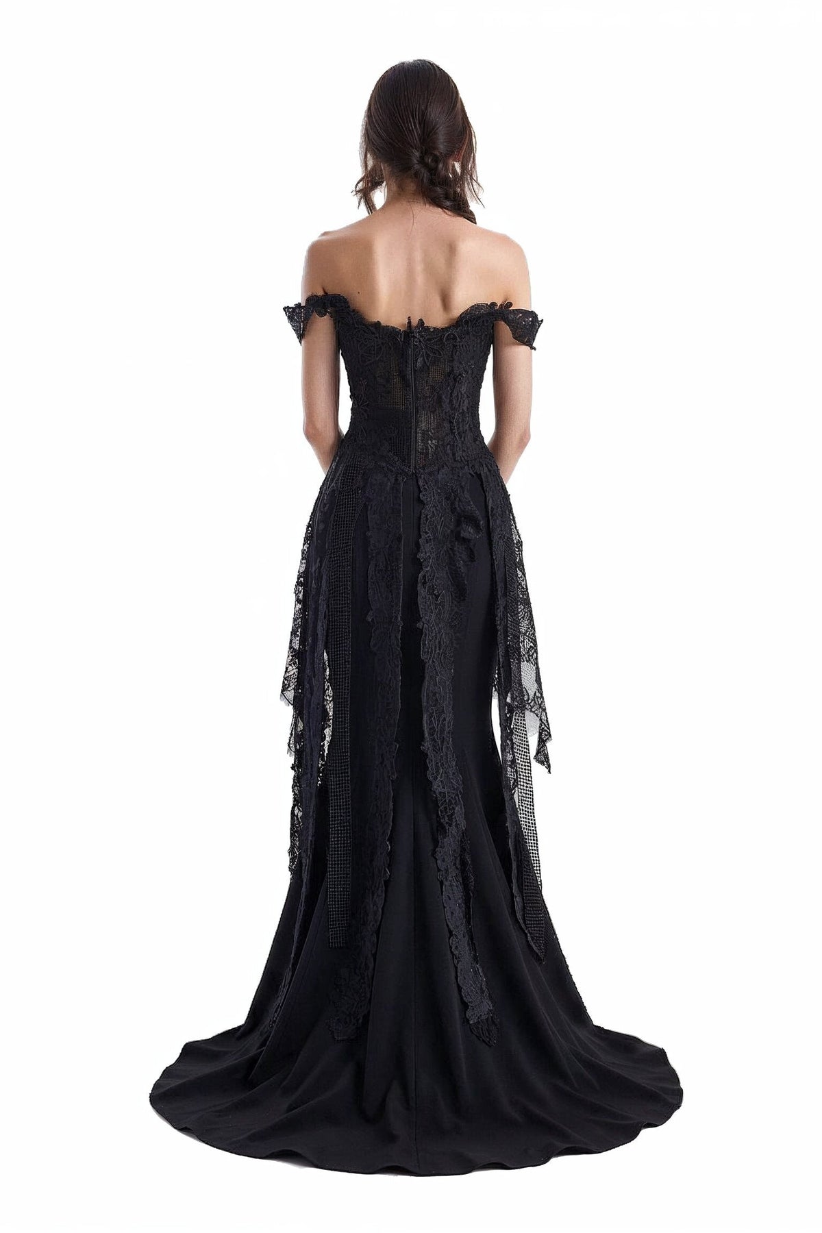 Off-Shoulder Embroidered Corset and Long Skirt Set - Black