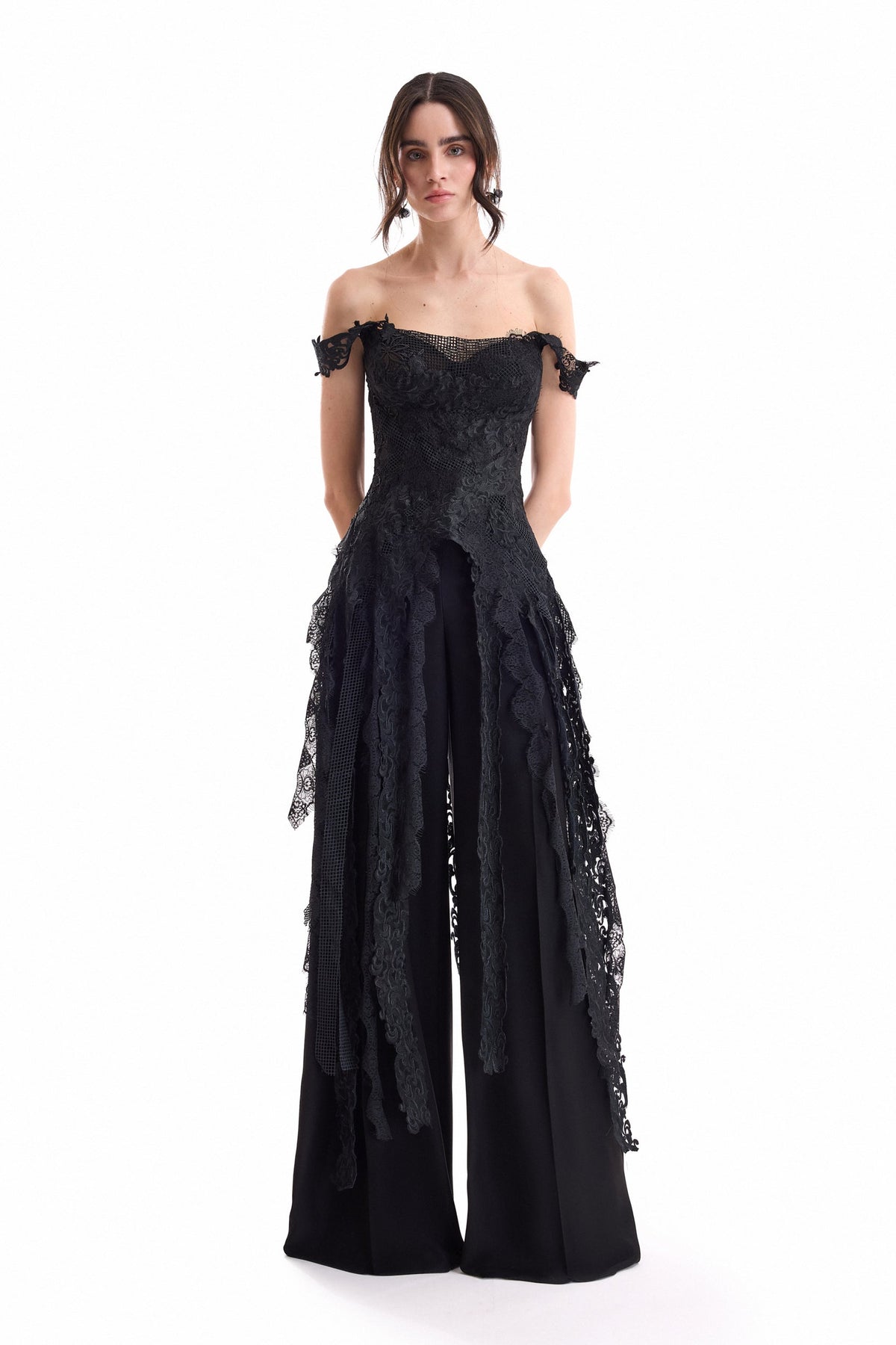 Off-Shoulder Embroidered Corset and Trouser Set - Black