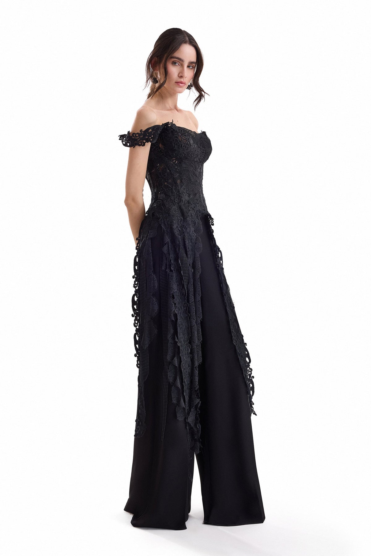 Off-Shoulder Embroidered Corset and Trouser Set - Black
