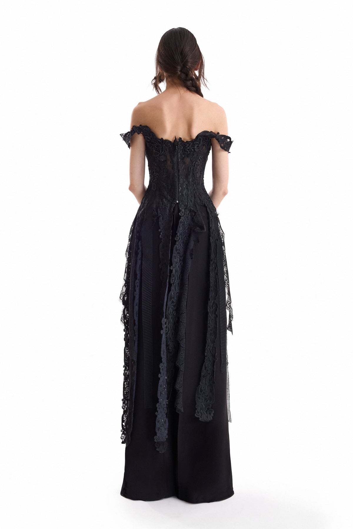 Off-Shoulder Embroidered Corset and Trouser Set - Black