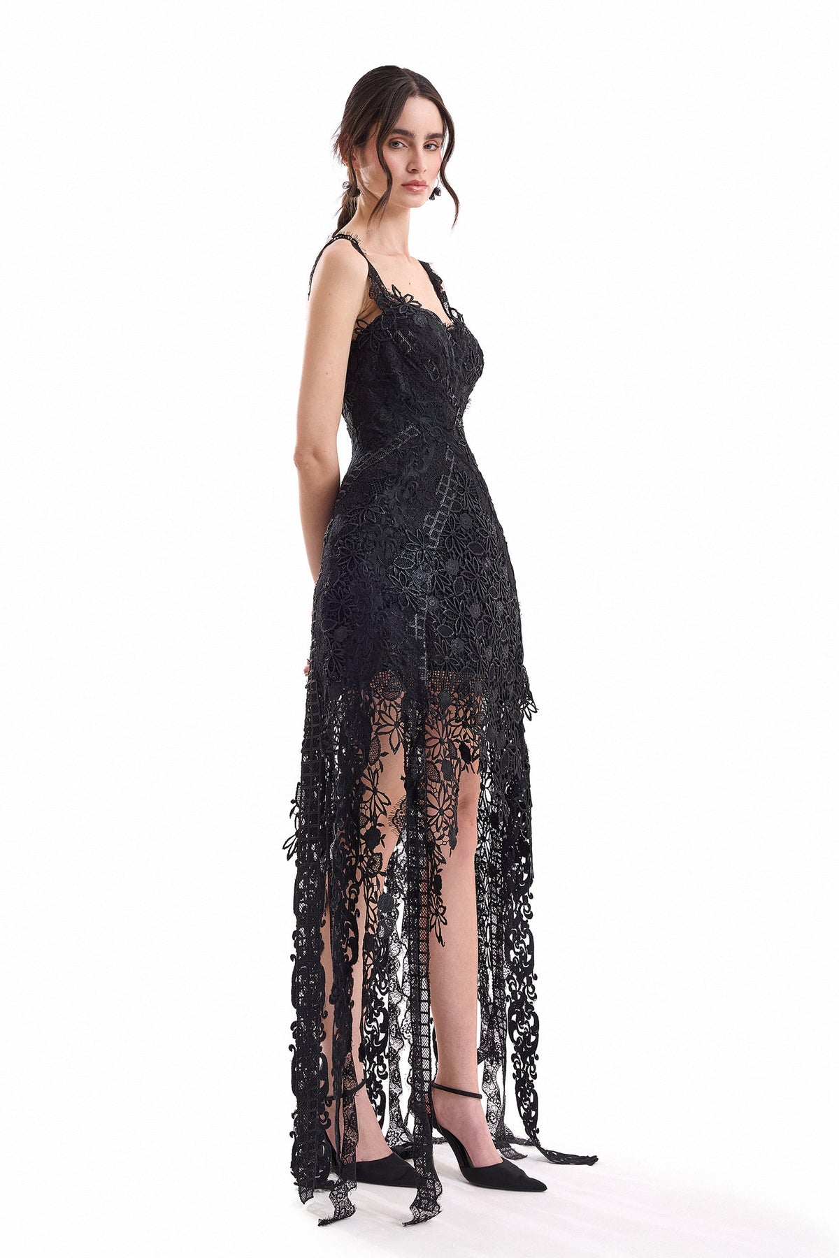 Floral Guipure Embroidered Midi Dress - Black