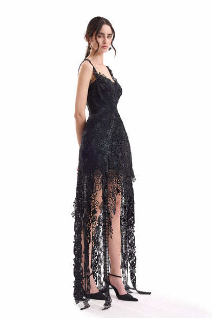 Floral Guipure Embroidered Midi Dress - Black
