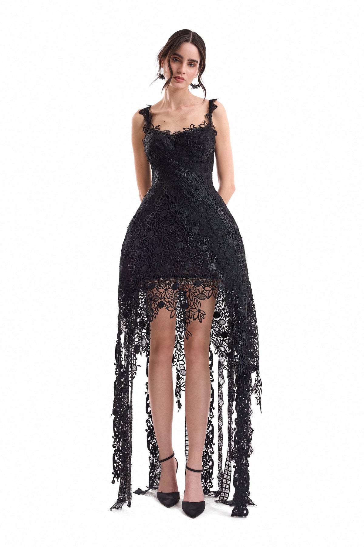Floral Guipure Embroidered Midi Dress - Black