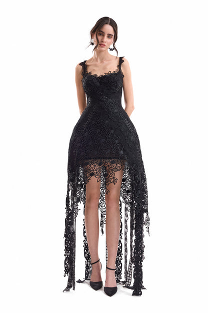 Floral Guipure Embroidered Midi Dress - Black