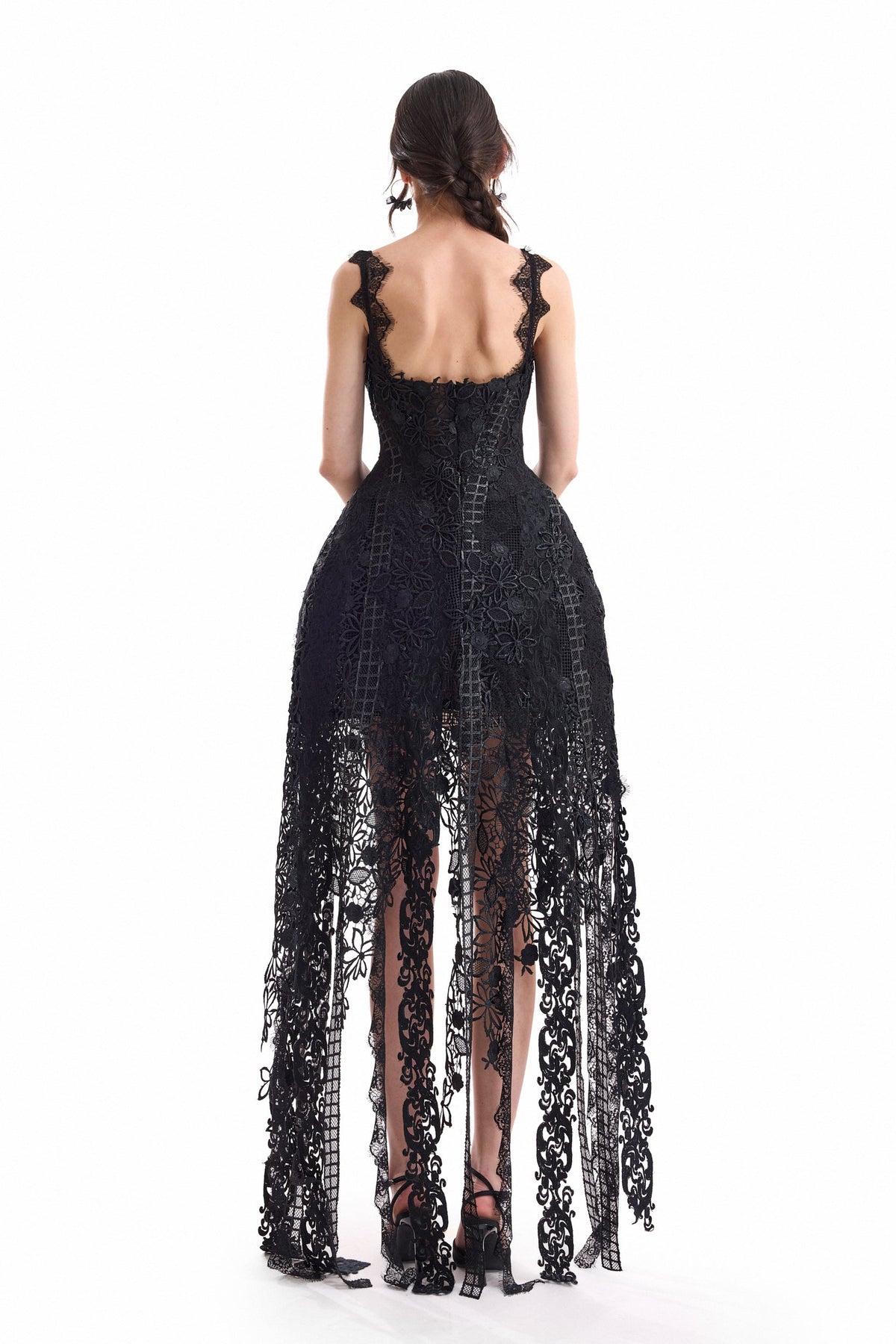 Floral Guipure Embroidered Midi Dress - Black