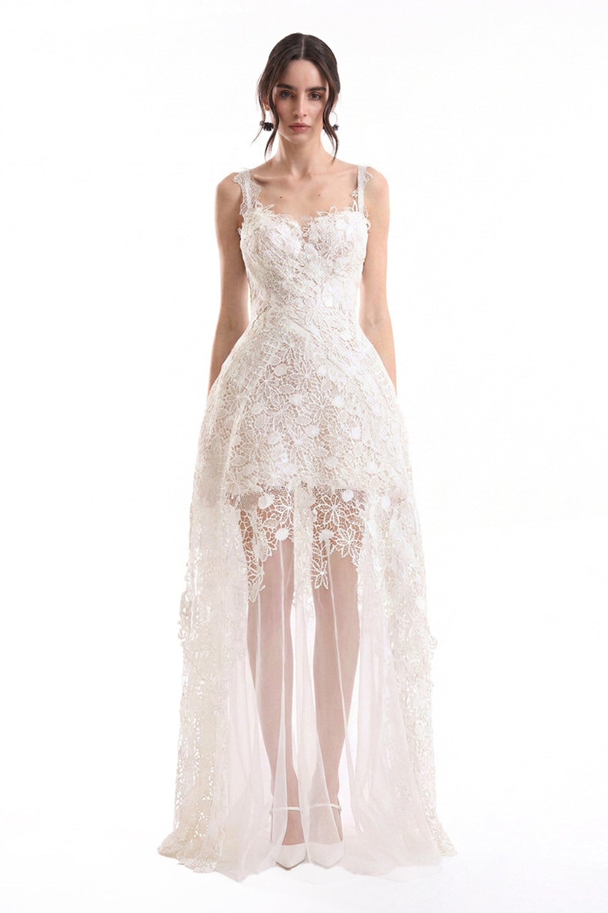 Floral Guipure Embroidered Midi Dress with Overskirt - Ivory/White