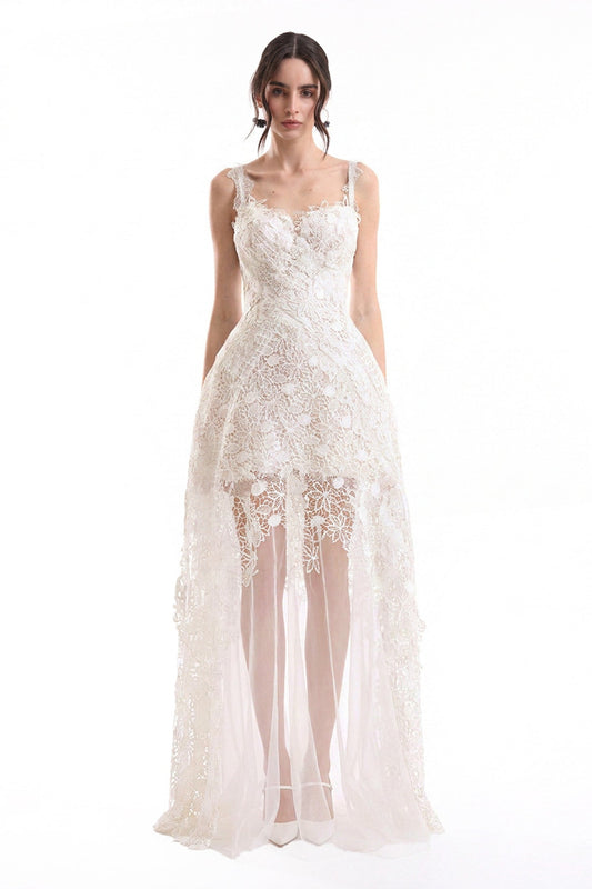 Floral Guipure Embroidered Midi Dress with Overskirt - Ivory/White