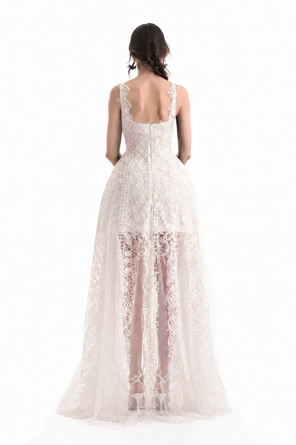 Floral Guipure Embroidered Midi Dress with Overskirt - Ivory/White