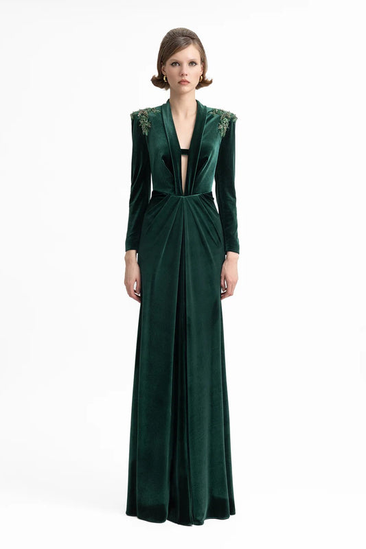Slim Velvet Dress with Beaded Shoulders