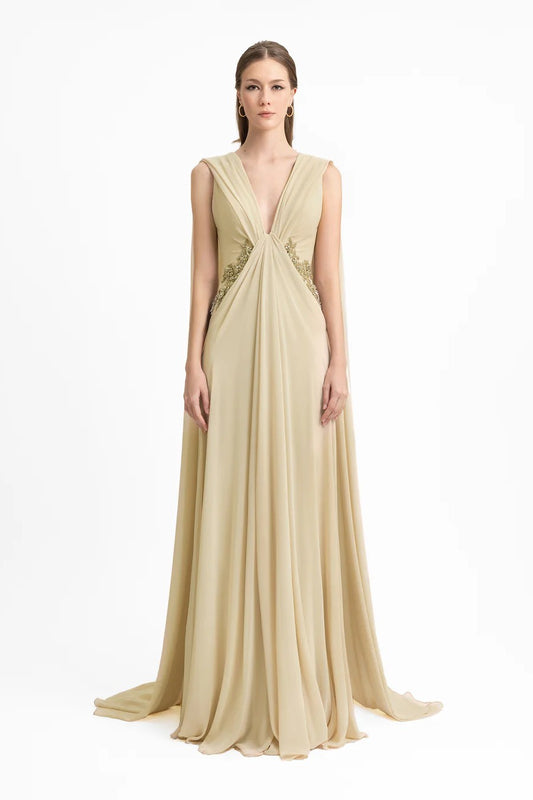 Draped V-Neck Beaded Dress