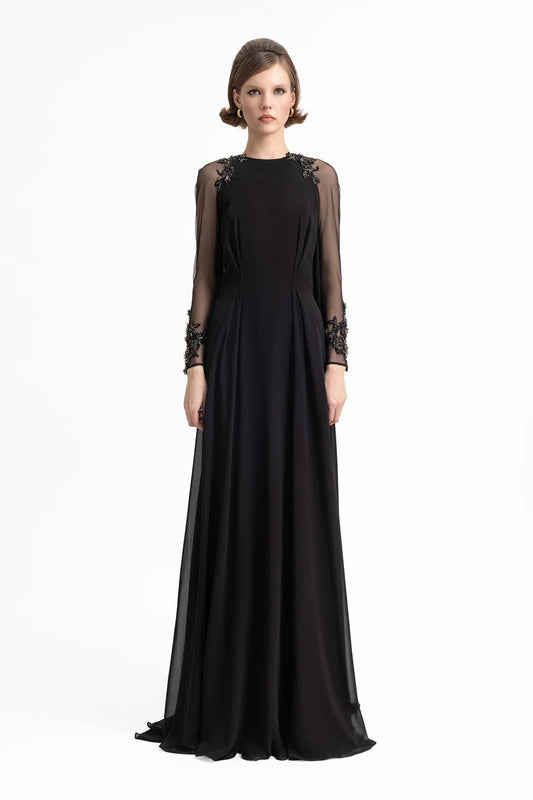 Beaded Sleeve Dress with Back Cape