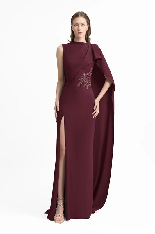 Draped Crepe Dress with Beaded Cape