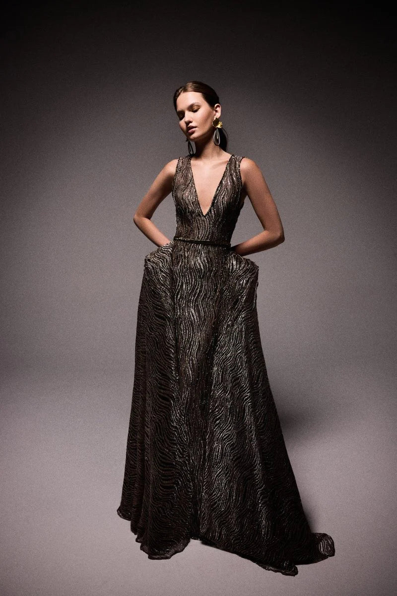 V-Neck Beaded Overskirt Dress
