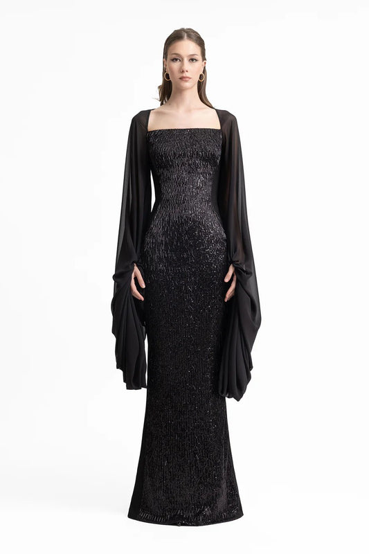 Beaded Dress with Puffed Sleeves