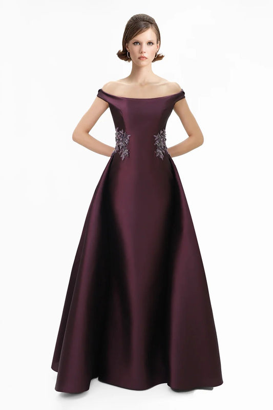 Off-Shoulder Beaded Mikado Dress
