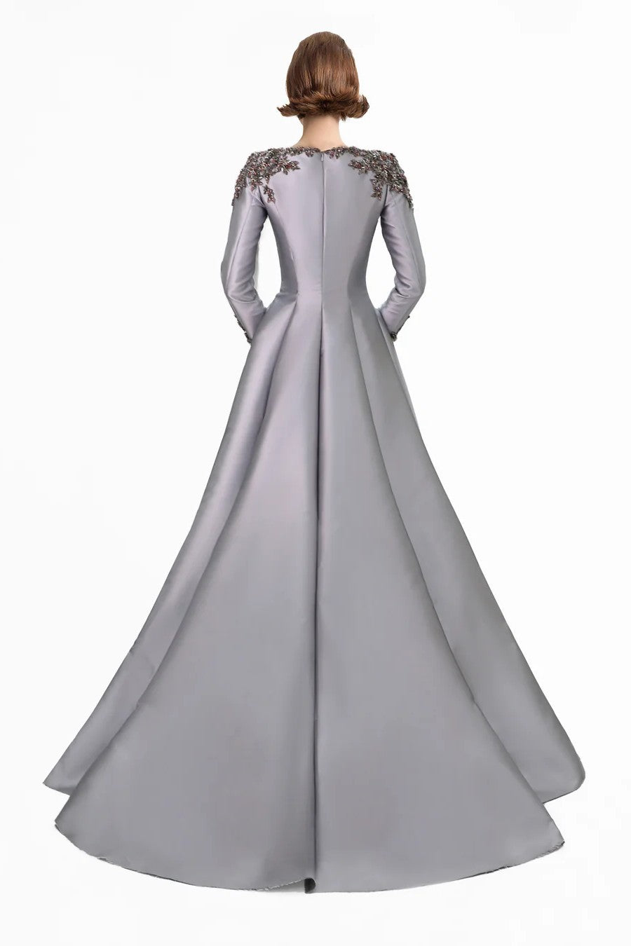 Beaded Mikado Dress with Long Sleeves