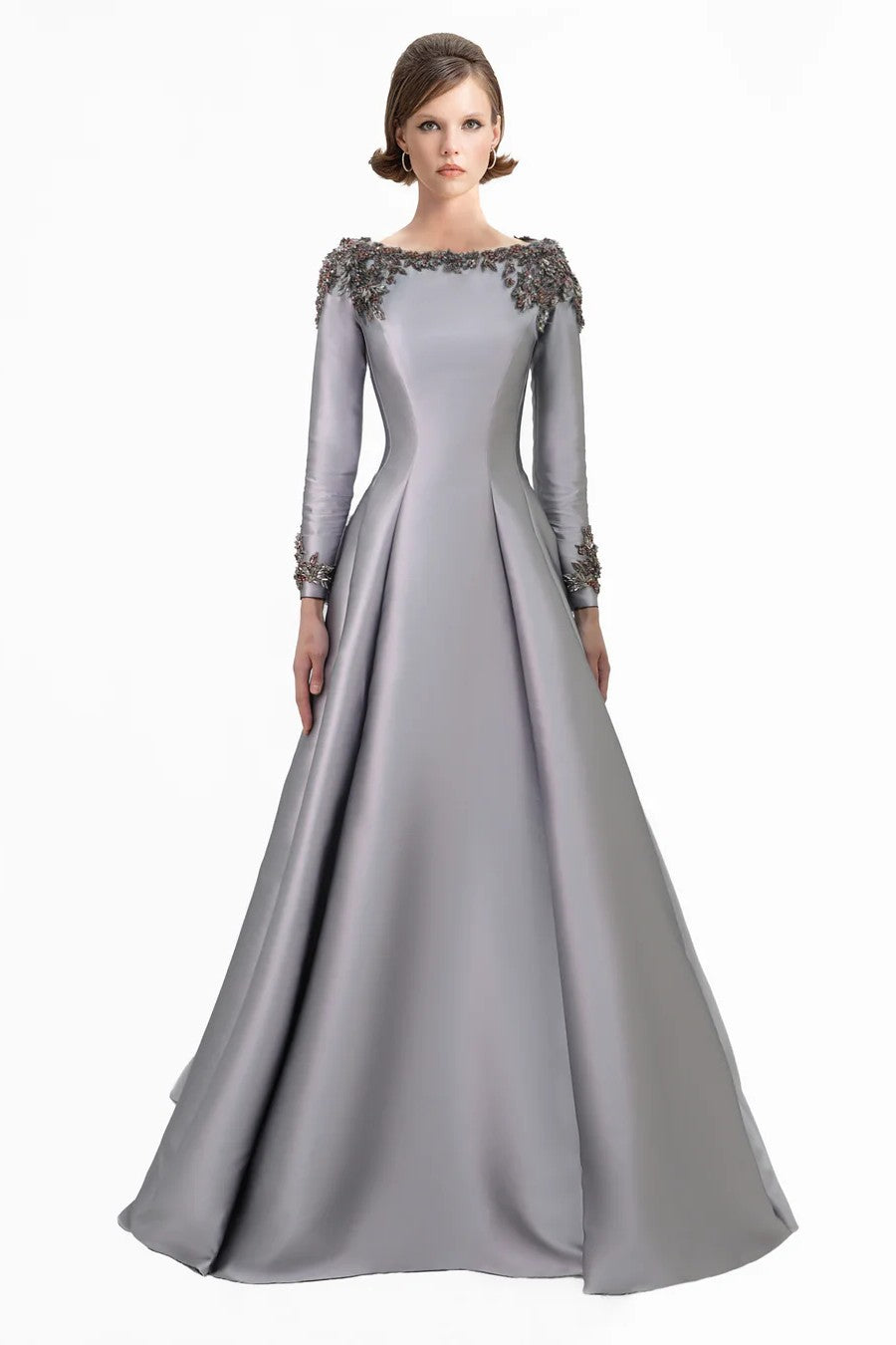 Beaded Mikado Dress with Long Sleeves