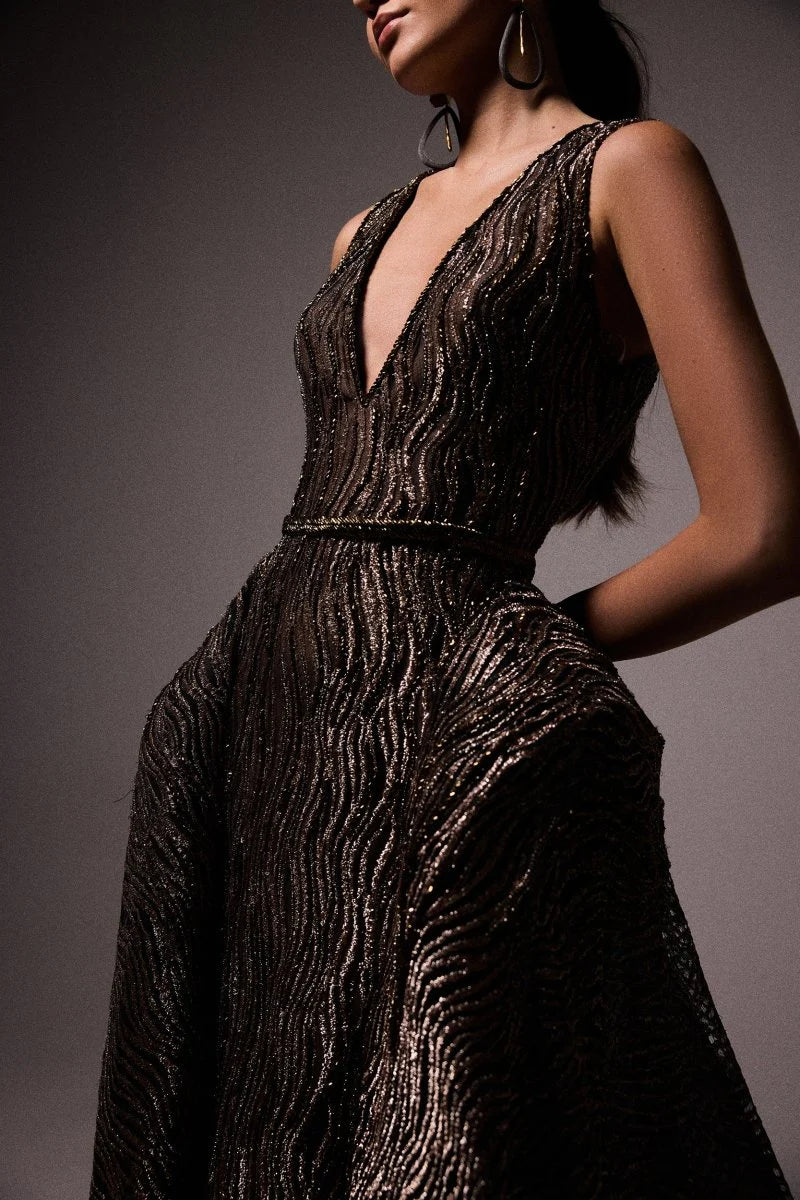 V-Neck Beaded Overskirt Dress