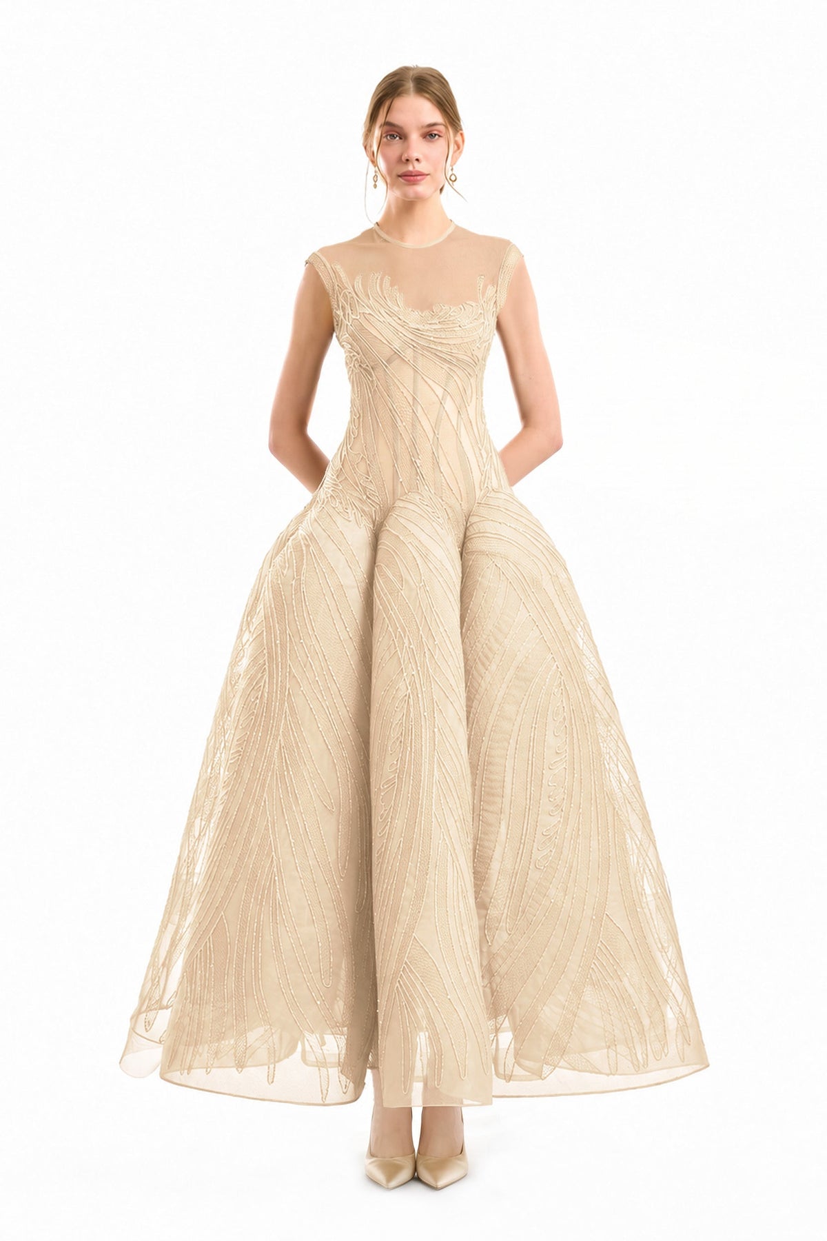 Corseted Sculptural Hip Dress - Beige